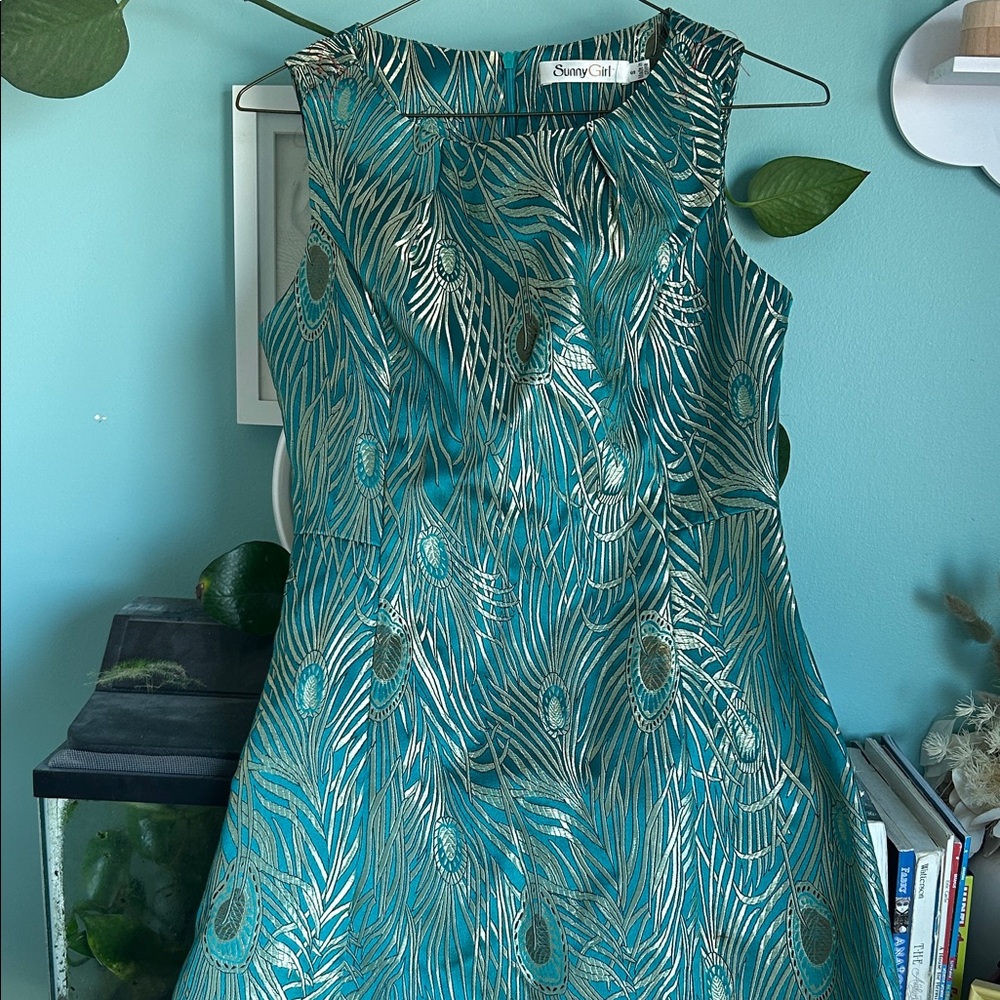 Sunny Girl Peacock Feather Jacquard Fit & Flare Dress Teal Gold Size Small